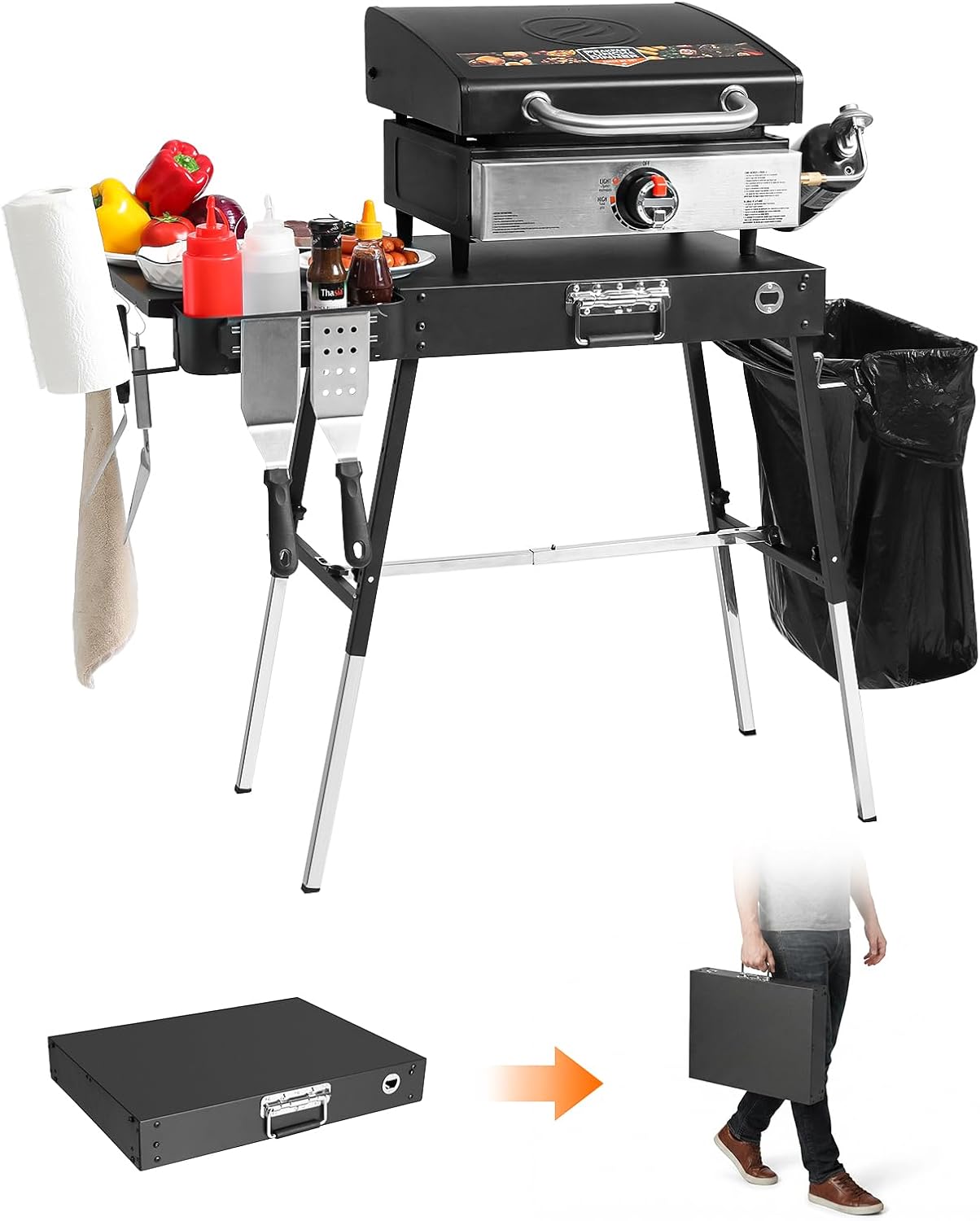 Camp Grill Portable Folding - Outdoor Folding Grill Table, Adjustable Griddle
