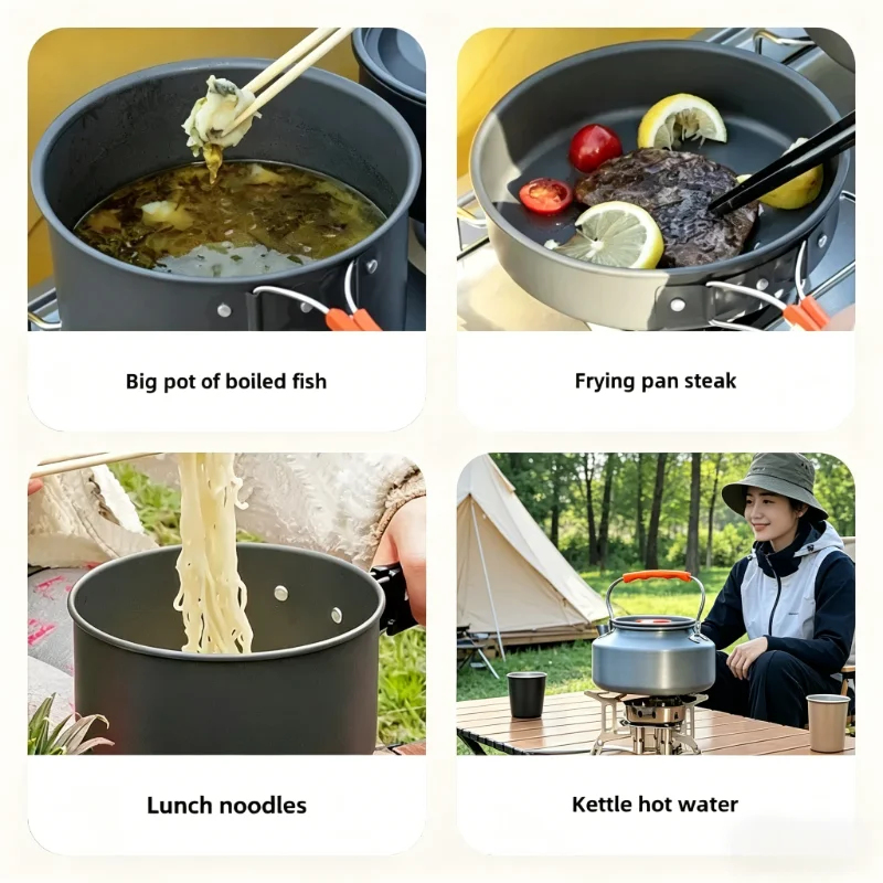 10PCS Ultralight Portable Alum - Camping Cooking Set With Kettle ulasan dan harga